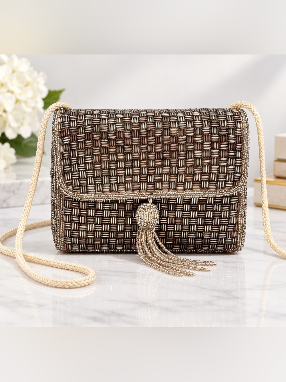 Vintage Beaded Mini Crossbody Evening Bag Silver Bronze Tassel Purse
